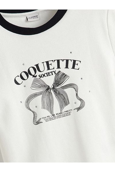 LC Waikiki Crew Neck Bow Printed Stoned Girl's T-Shirt