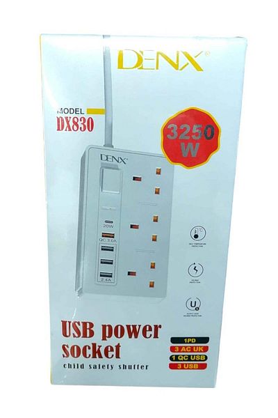 Denx وصلة كهربائية بطول 5 أمتار مع 3 مقابس و4 منافذ USB ومنفذ PD للشحن السريع/أبيض