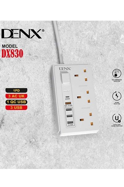 Denx وصلة كهربائية بطول 5 أمتار مع 3 مقابس و4 منافذ USB ومنفذ PD للشحن السريع/أبيض