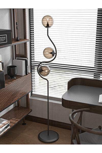 avizade Perla 3'lü Bal Cam Küre Lambader - Kıvrımlı Siyah Gövdeli Modern Yer Lambası