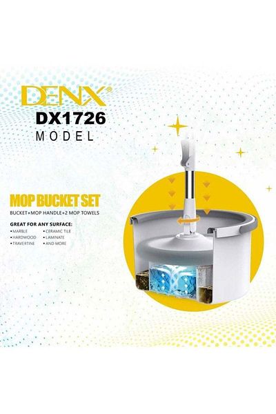 Denx مجموعة ممسحة دوارة 360 درجة مع دلو مسطح وممسحة ذاتية الفصل مع وسادتين من الألياف الدقيقة