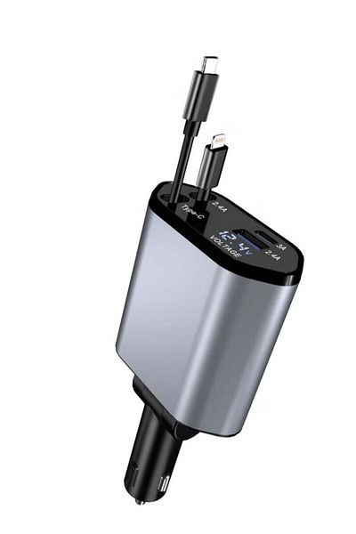Denx شاحن سيارة قابل للسحب 4 في 1 مع محول شاحن سيارة USB Type-C Lightning Display يدعم PD