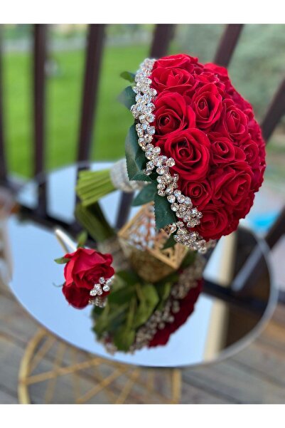 GÜRLEK TEKSTİL Gelin Çiçeği Ve Damat Yaka Çiçeği Kırmızı Gül Demeti! Nişan Dü...