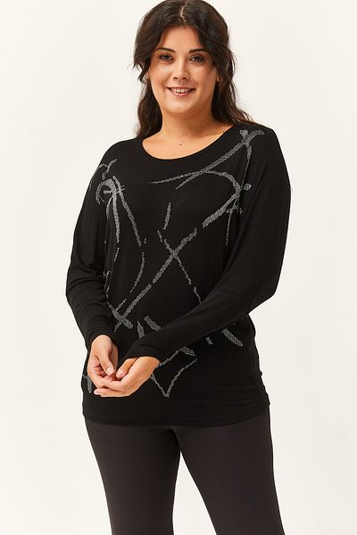 Ebsumu Women's Plus Size Stone Printed Bat Sleeve Black Blouse