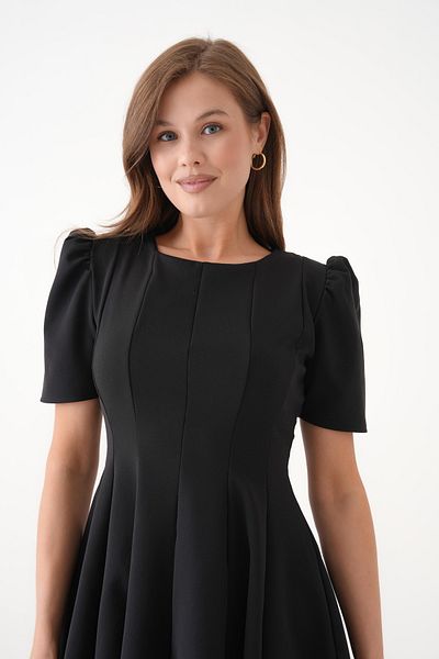 lovebox Women's Black Short Sleeve Pleat Detail Flared Cut Mini Evening Dress 2199