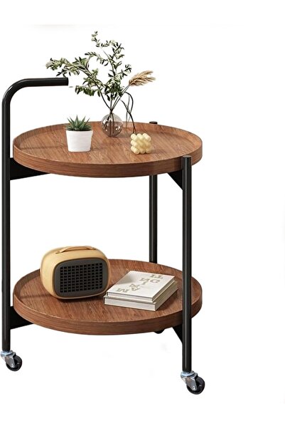 l'elefante طاولة جانبية دائرية بعجلات من طبقتين - طاولة جانبية عصرية من خشب ا...
