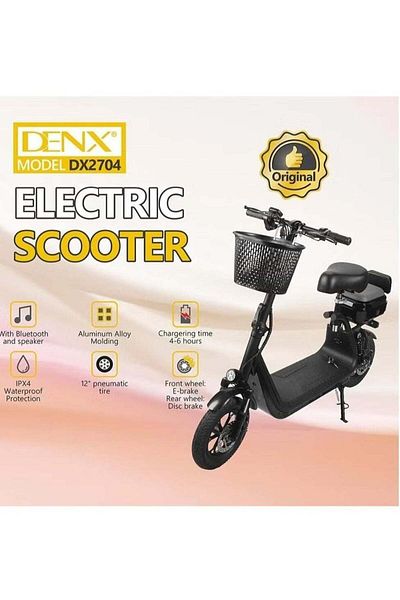 Denx سكوتر كهربائي DX2704 بمحرك 500 واط، سرعة 30 كم/ساعة، إطارات هوائية 12 بوصة مع بلوتوث و