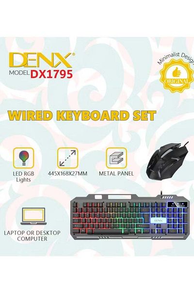 Denx مجموعة لوحة مفاتيح سلكية، لوحة مفاتيح ألعاب LED مع مجموعة ماوس بيضاء مع لوحة ماوس ألعاب سوداء/زرقاء،