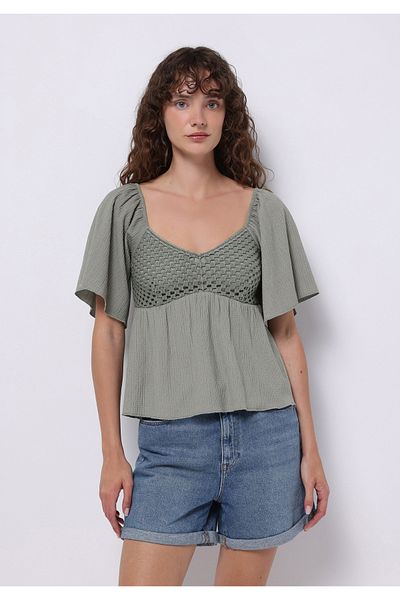 Colin's Regular Fit V-Neck Jacquard Women's Green Short Sleeve T-Shirt