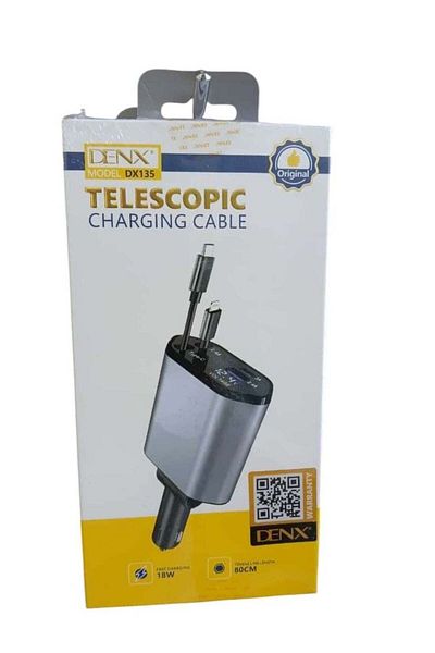 Denx شاحن سيارة قابل للسحب 4 في 1 مع محول شاحن سيارة USB Type-C Lightning Display يدعم PD