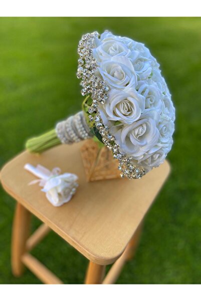 GÜRLEK TEKSTİL Gelin Çiçeği Ve Damat Yaka Çiçeği Beyaz Gül Demeti! Nişan Düğü...