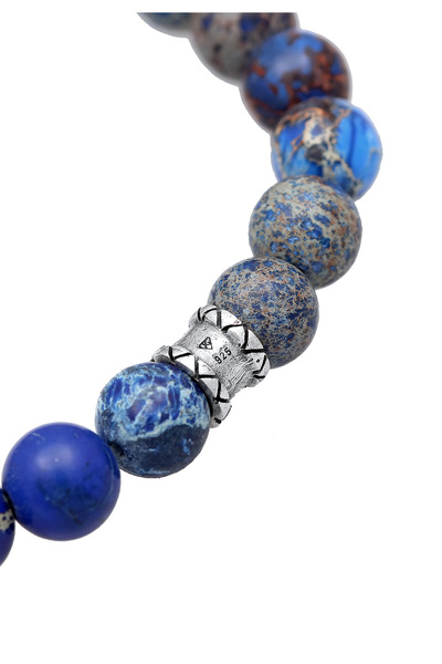 KUZZOI Pánský náramek s korálky a kuličkami s modrým achátem ze sterlingového stříbra 925, oxidovaný