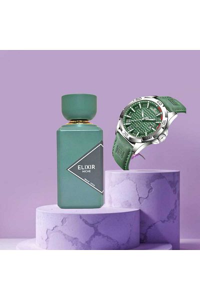 Naviforce Naviforce Men's Analog Sports Watch with Green Leather Strap and Elixir Perfume 100ml
