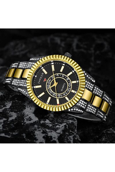 REDz Accessories Lion 3 in 1 Set, Watch + Lion Bracelet + Cuban Bracelet, Rhinestones, Metal, Gold and Black