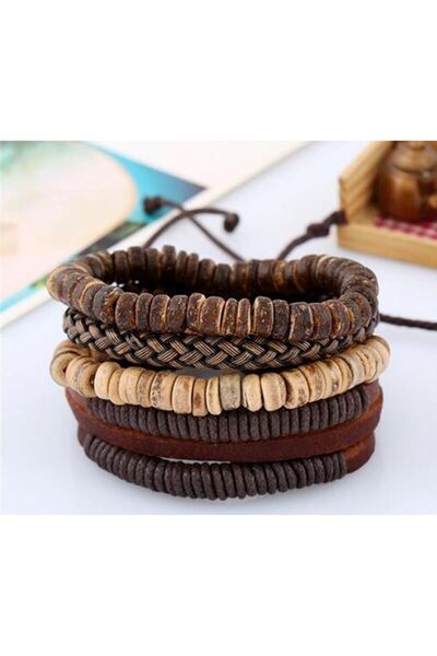REDz Accessories Σετ 4 Vintage Βραχιόλια, με Πολλαπλό Λουράκι, Δερμάτινα, Καφέ