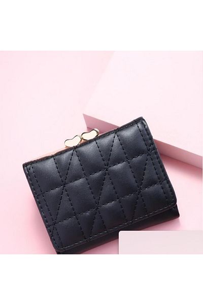 OEM Quilted Small Wallet, With Kiss Lock Closure, Minimalist, PU Leather