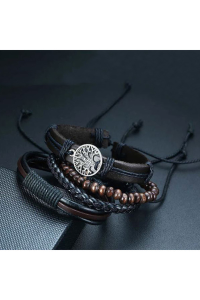REDz Accessories Βραχιόλι Tree of Life, Σετ με Πολλαπλά Λουράκια, Vintage Εμφάνιση, Δερμάτινο Εφέ, Καφέ