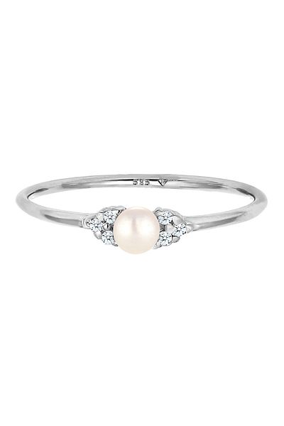 ELLI Ring Frau Verlobung Elegante Perle mit Diamant (0,03 CT.) in 585 Weißgold