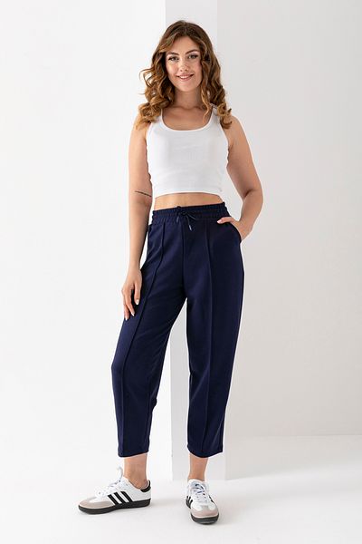 XORVİO Women's Navy Blue Modal Balloon Model Lycra Trousers Soft Texture Elastic Waist Drawstring Ankle Trousers