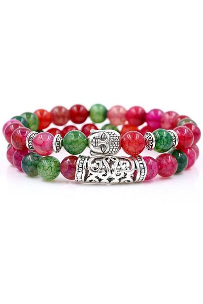 REDz Accessories Set of 2 Buddha Bracelets, Natural Stones, Green/Red