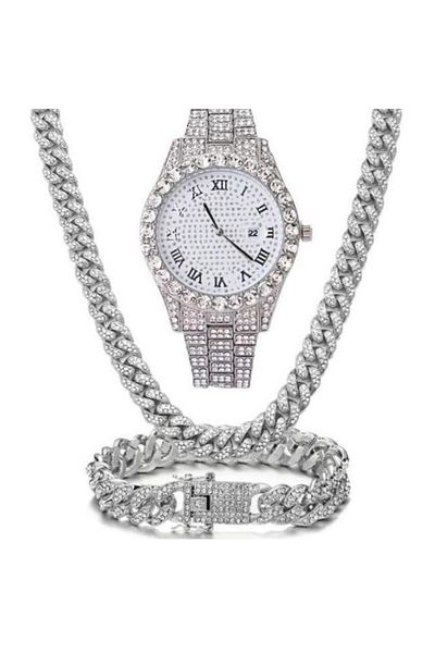 REDz Accessories Gift Set Of 3 Cuban Accessories, Men, Zirconia Crystals, Crystal Waterfall, Stainless-steel, Silver