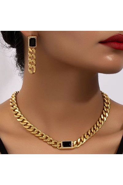 REDz Accessories Set cadou cercei și lanț, femei, model cubanez, piatră neagră, metalic, auriu