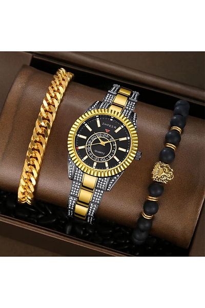 REDz Accessories Lion 3 in 1 Set, Watch + Lion Bracelet + Cuban Bracelet, Rhinestones, Metal, Gold and Black