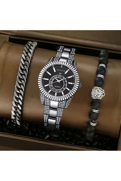 REDz Accessories Lion 3 in 1 Set, Watch + Lion Bracelet + Cuban Bracelet, Rhinestones, Metal, Silver and Black