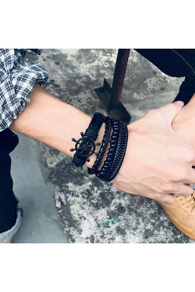REDz Accessories Brățară Naval Helm, Set cu mai multe curele, Aspect vintage, Efect piele, Negru