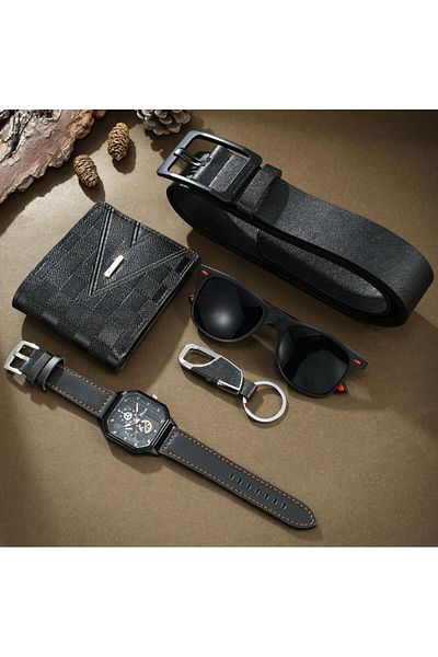 REDz Accessories Gift Set 5 Accessories, Men, Watch And Wallet, Classic Business Model, Leather Look, Black