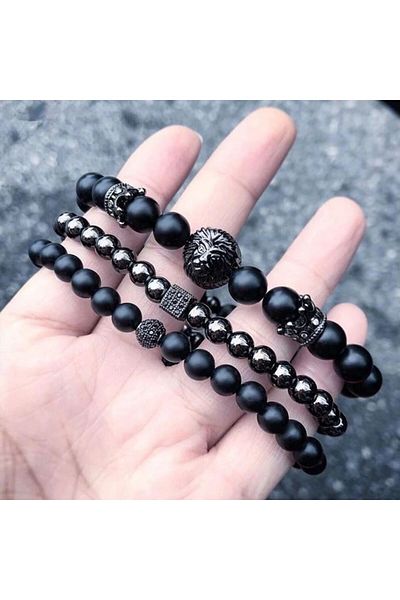 REDz Accessories Set de 3 brățări Leu, Bărbați, Negru/Negru lucios