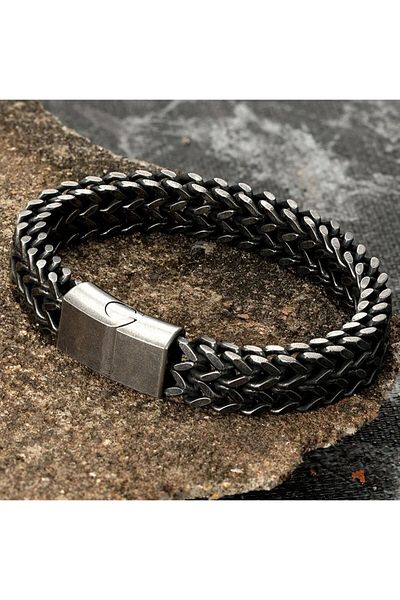 REDz Accessories Brățară cu zale duble împletite, gheară magnetică, bărbați, oțel inoxidabil, negru