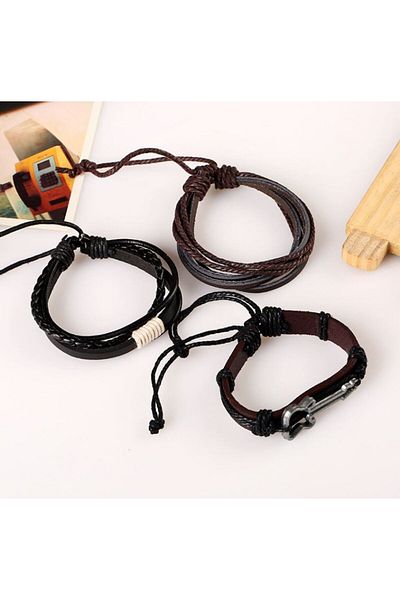 REDz Accessories Set de 3 brățări vintage, cu mai multe curețe, piele, maro/negru
