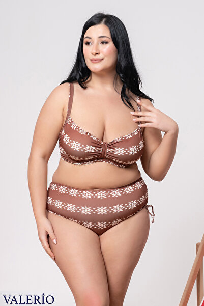 valerio Kahverengi Beyaz Desenli Balenli Büyük Beden Bikini Takımı