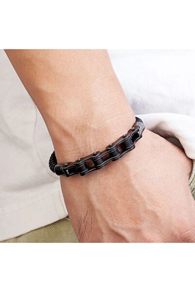 REDz Accessories Βραχιόλι με αλυσίδα ποδηλάτου, ανδρικό, από δέρμα και ανοξείδωτο ατσάλι, μαύρο