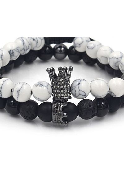 REDz Accessories Set de 2 brățări alb/negru, model King/Queen, zirconiu cubic, pietre argintii