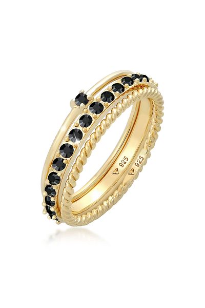 ELLI Ring Ladies Stack Set Elegant Solitaire Twisted Trend With Crystals Black In 925 Sterling Silver