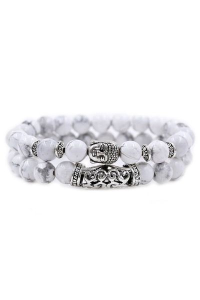 REDz Accessories Set de 2 brățări Buddha, aspect de marmură, elastice, alb/argintiu