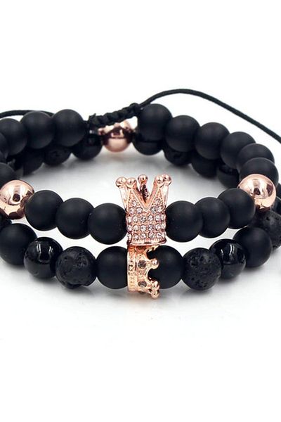 REDz Accessories Set de 2 brățări negre, King/Queen, zirconiu cubic, aur roz