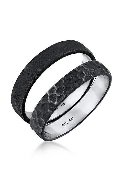 KUZZOI Ring Herren Band Set Basic Gehämmert In 925 Sterling Silber Oxidiert