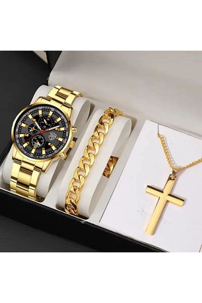 REDz Accessories Set cadou 3 accesorii, ceas + brățară + lanț, pentru bărbați, model elegant Deyros, auriu și negru