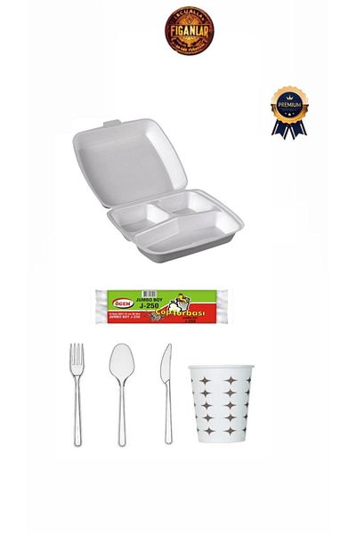 figanlar ambalaj 50-Person Mevlid Set 3 Compartments Foam Plate with Lid Fork Spoon Knife Glass + Garbage Bag