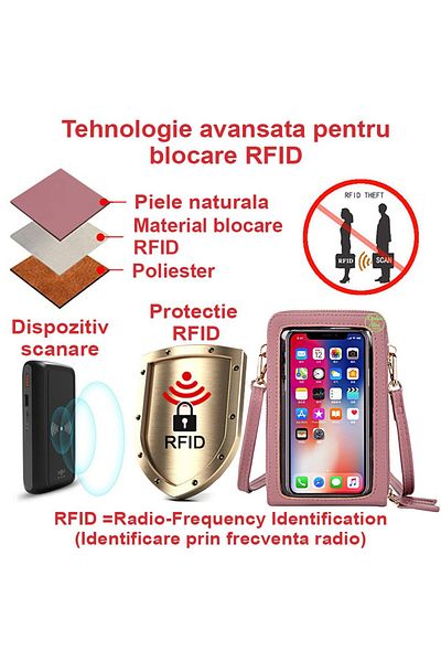 OEM Women's genuine leather RFID wallet, crossbody, 3 compartments, pink, OptimStar