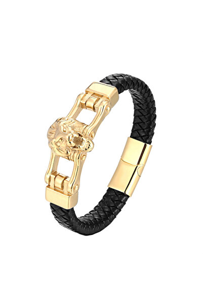 REDz Accessories Βραχιόλι με κεφαλή λιονταριού, Ανδρικό, Γνήσιο Δέρμα, Μαύρο-Χρυσό