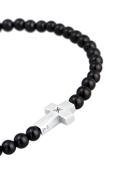 KUZZOI Pánský náramek s křížem a vintage motivem ze sterlingového stříbra 925 s onyxovými korálky