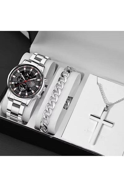REDz Accessories Gift Set 3 Accessories, Watch Bracelet Chain, For Men, Elegant Model Deyros, Silver And Black