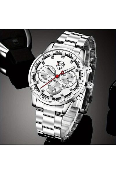 REDz Accessories Gift Set 3 Accessories, Watch Bracelet Chain, For Men, Elegant Model Deyros, Silver And White
