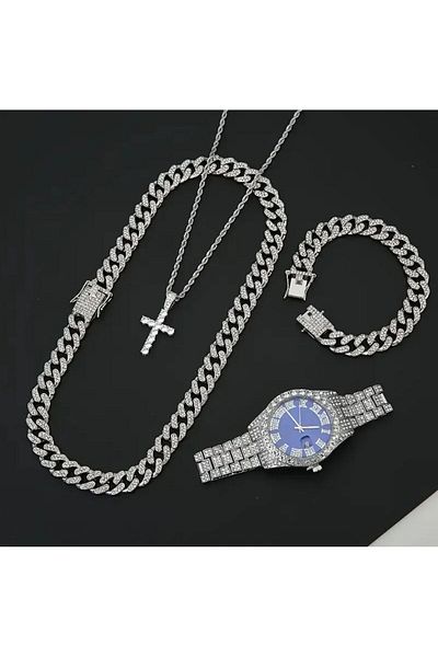 REDz Accessories Gift Set 4 Cuban Accessories, Men, Watch Bracelet 2 Chains, Zirconia Crystals, Silver And Blue