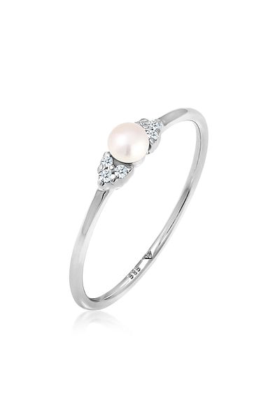 ELLI Ring Frau Verlobung Elegante Perle mit Diamant (0,03 CT.) in 585 Weißgold