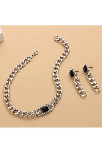 REDz Accessories Set cadou cercei și lanț, femei, model cubanez, piatră neagră, metalic, argintiu